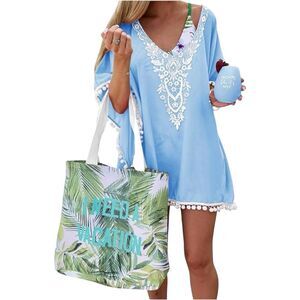 NWT Womens CPOKRTWSO Boutique Flowy Baby Blue Beach Swim Tassel Cover-Up  Sz S/M